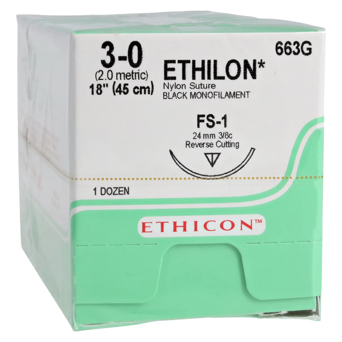 Ethicon Ethilon Nylon Non-Absorbable Suture, 3-0, 18", Black Monofilament, FS-1 Reverse Cutting Needle, 3/8 Circle, 12/Box, 663G thumbnail 2