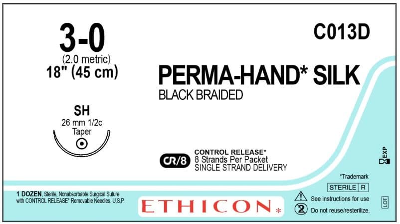 Perma-Hand Silk Braided Suture, 3-0, 8-18", Black, SH Taper Point 1/2 Circle Needle 26mm, Non-Absorbable, 12/Box, C013D - Suture Silk Black Sh Cr - Image 1