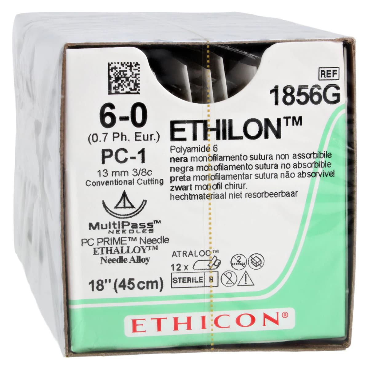 Ethicon Ethilon Nylon Suture, 6-0, 18", Black Monofilament, PC-1 Prime Conventional Cutting Needle, 3/8 Circle, 12/Box, 1856G thumbnail 2