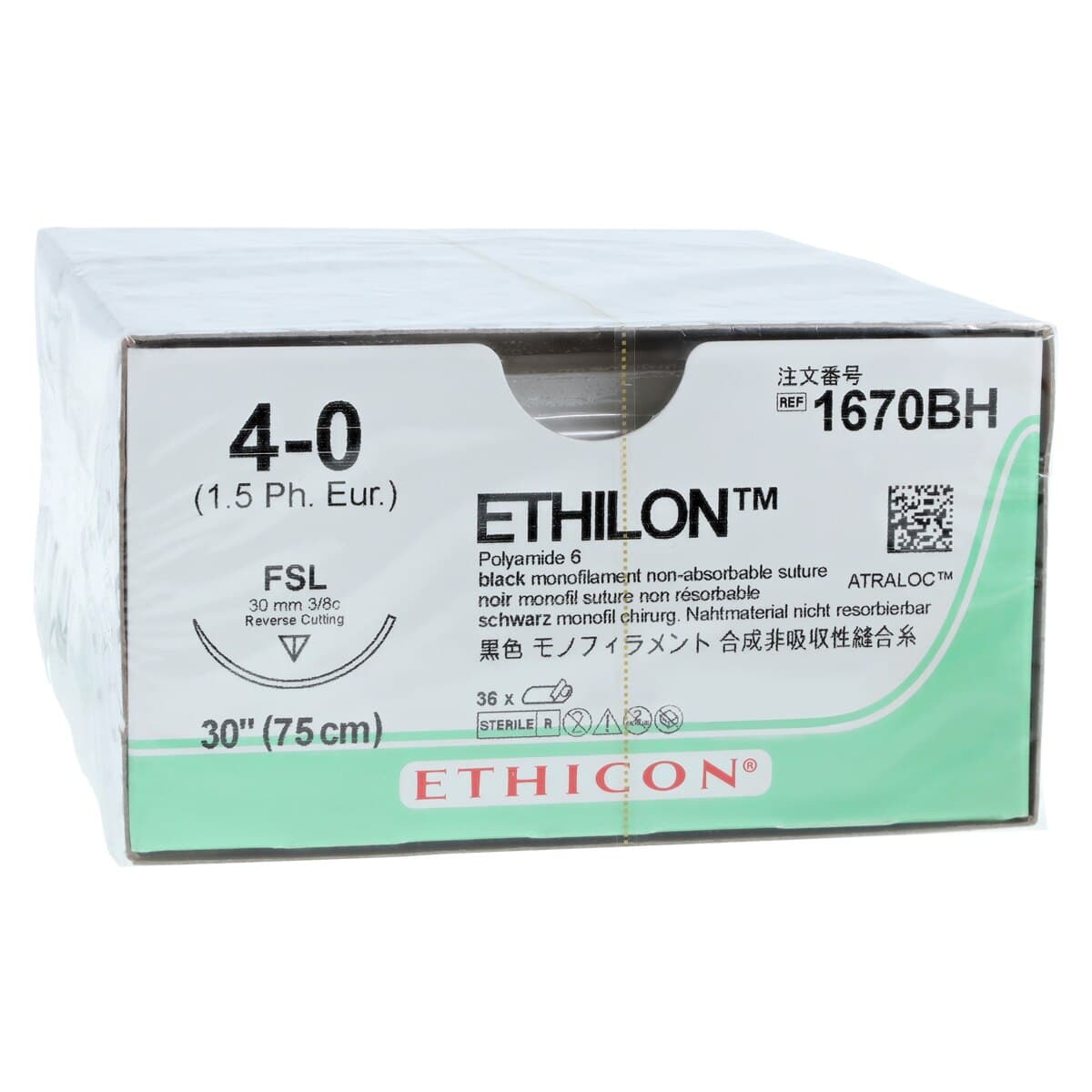 Ethilon Nylon Monofilament Non-Absorbable Suture, Size 4-0, 30 in, Black, FSL Reverse Cutting 3/8 Circle Needle, 36/Box thumbnail 2