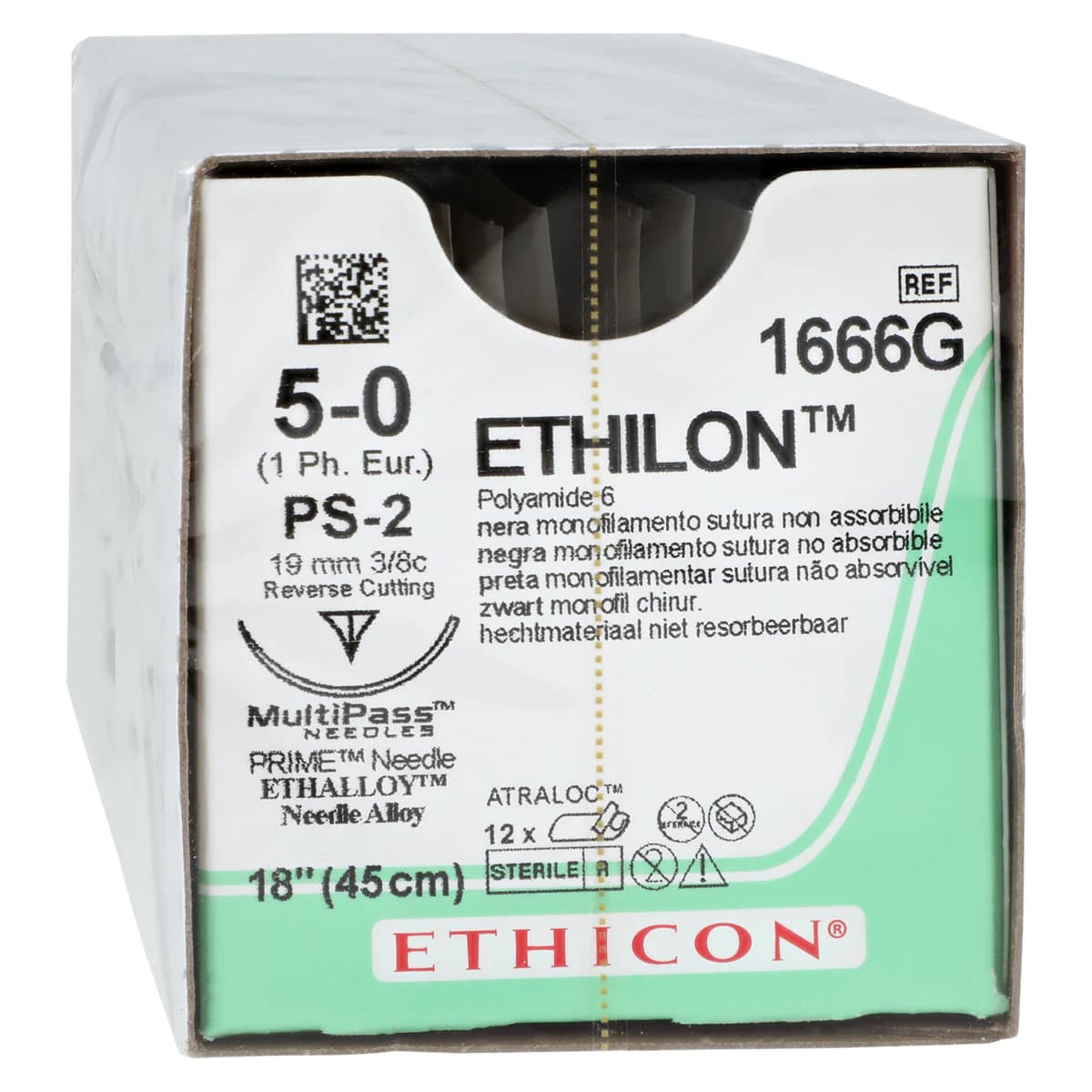 Ethicon Ethilon Nylon Suture, 5-0, 18" Black Monofilament, PS-2 Precision Point Reverse Cutting Needle, 3/8 Circle, 12/Bx, 1666G thumbnail 2