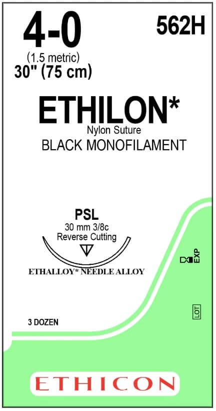 Ethicon Ethilon Nylon Monofilament Non-Absorbable Suture, Size 4-0, 30 Inch, Black, PSL Precision Point Reverse Cutting 3/8 Circle Needle, 3 Dozen/Box - Sutures Ethicon Ethilon Nylon Precision Point Reverse Cutting Size 4-0 30 Inch Black Monofilament Needle Psl 3/8 Circle 3 Dz/Bx - Image 1