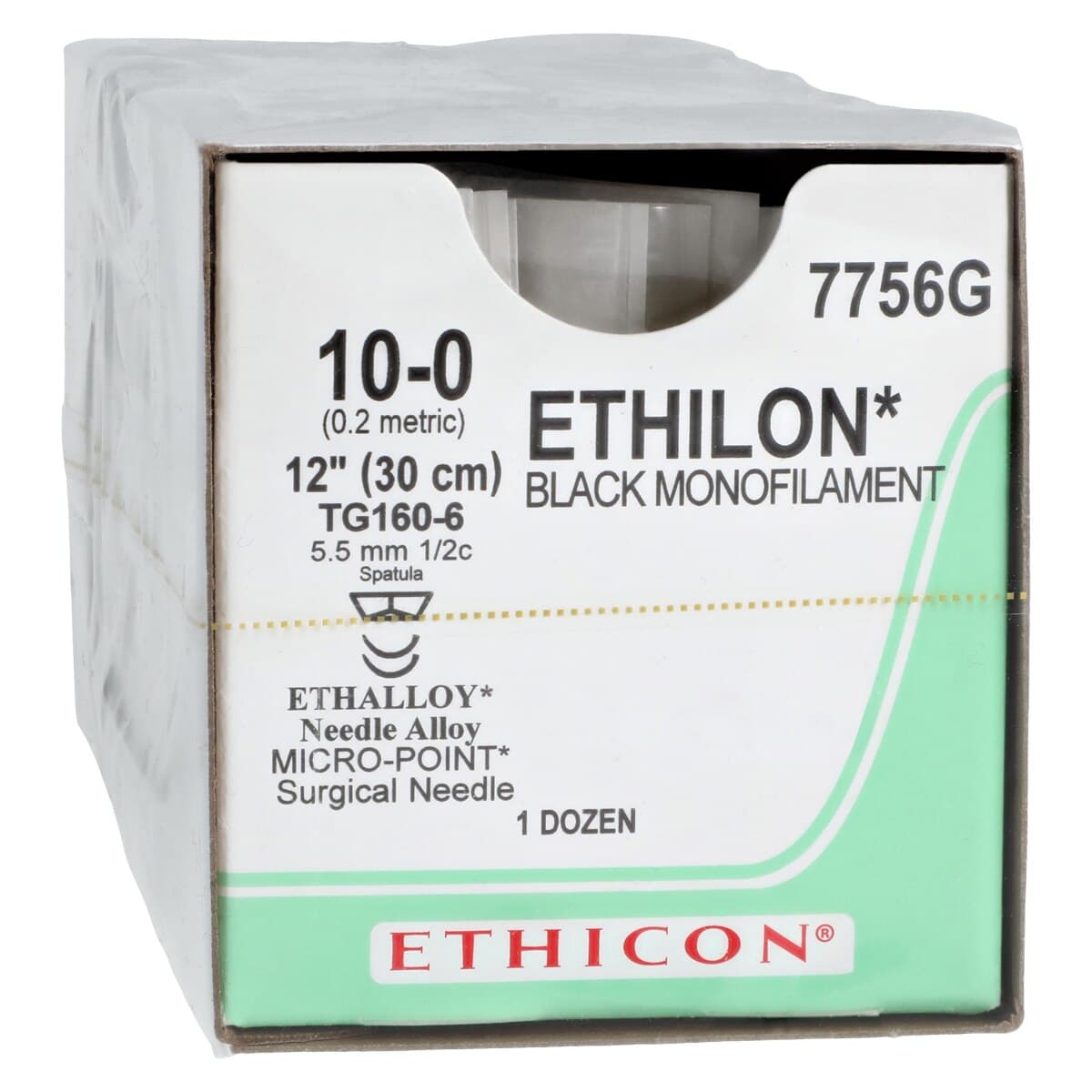 Ethilon Nylon Monofilament Non-Absorbable Suture, Size 10-0, Black, TG160-6 Cutting Edge Spatula Reverse 1/2 Circle Needle, 12" Length, 12/Box thumbnail 2