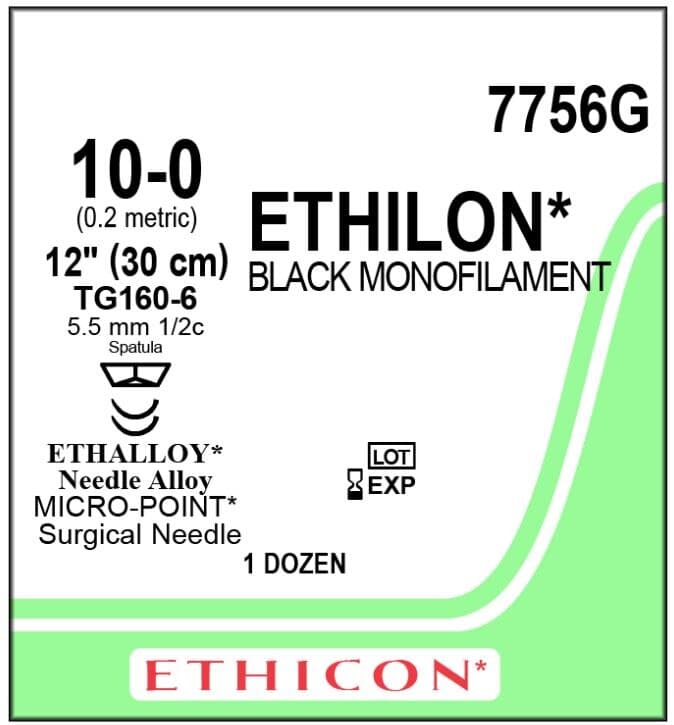 Ethilon Nylon Monofilament Non-Absorbable Suture, Size 10-0, Black, TG160-6 Cutting Edge Spatula Reverse 1/2 Circle Needle, 12" Length, 12/Box - Suture Ethilon TG160-6+ - Image 1