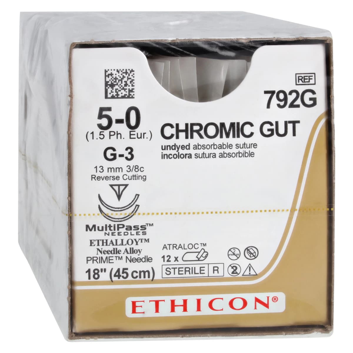 Ethicon Surgical Gut Suture, Chromic, 5-0, 18" Needle, G-3/G-3, 3/8 Circle, Reverse Cutting, 12/Bx, 792G - ETHICON SURGICAL GUT SUTURE - CHROMIC 792G - Image 1