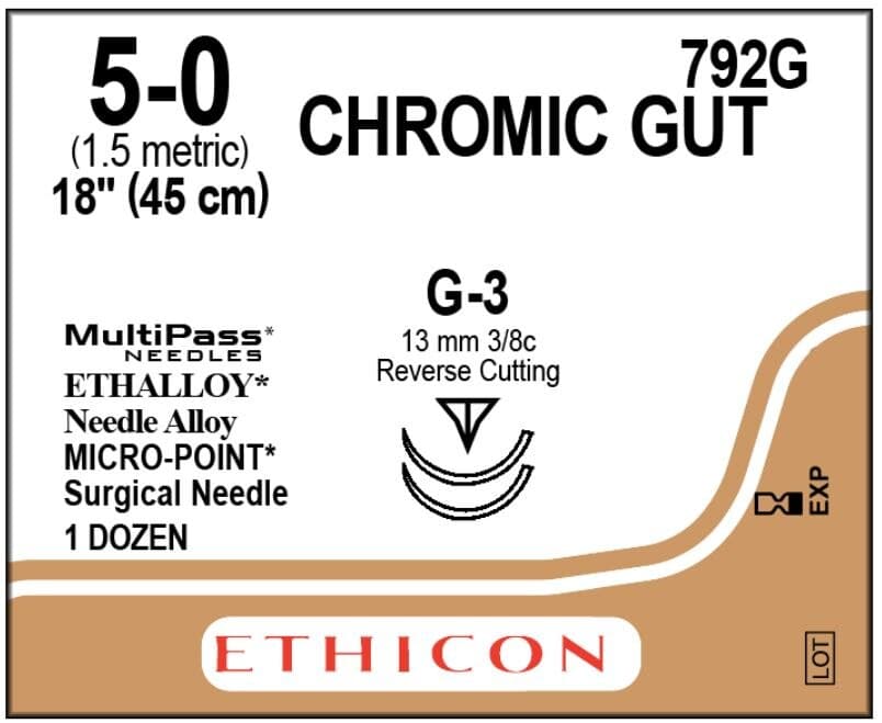 Ethicon Surgical Gut Suture, Chromic, 5-0, 18" Needle, G-3/G-3, 3/8 Circle, Reverse Cutting, 12/Bx, 792G thumbnail 2