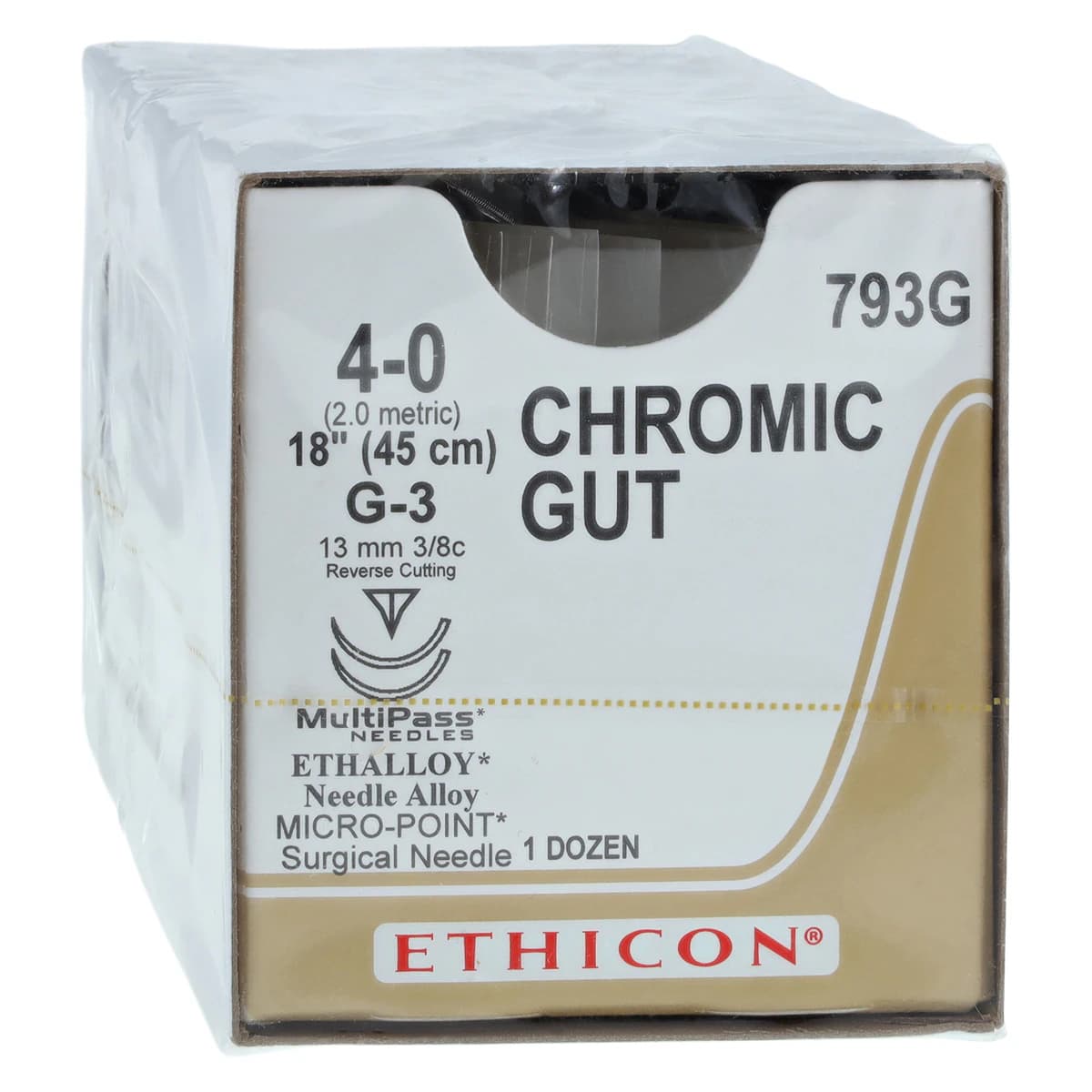 Ethicon Surgical Gut Suture, Chromic, 4-0, 18" Needle, G-3/G-3, 3/8 Circle, Reverse Cutting, 12/Bx, 793G thumbnail 2