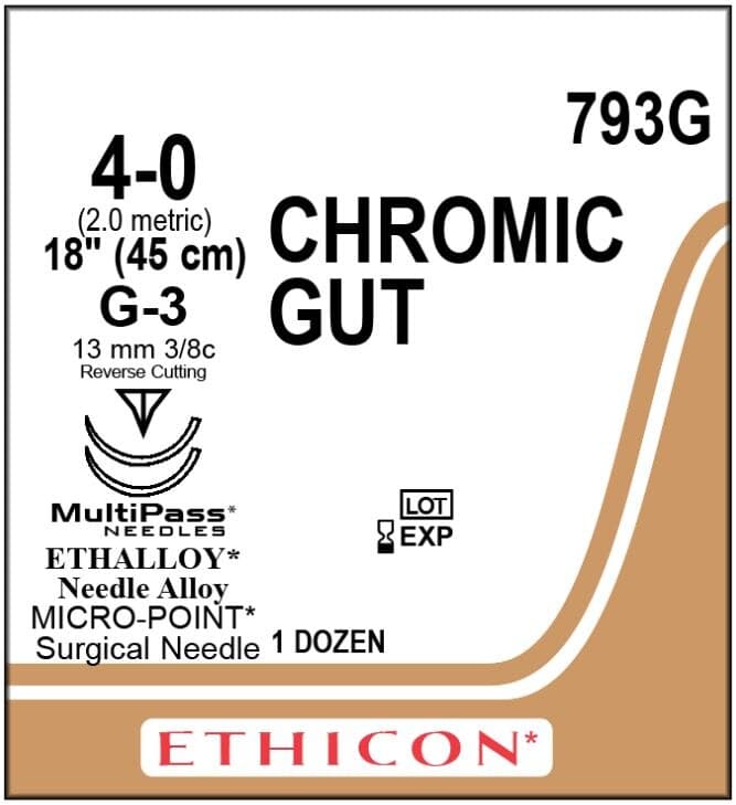 Ethicon Surgical Gut Suture, Chromic, 4-0, 18" Needle, G-3/G-3, 3/8 Circle, Reverse Cutting, 12/Bx, 793G - ETHICON SURGICAL GUT SUTURE - CHROMIC 793G - Image 1