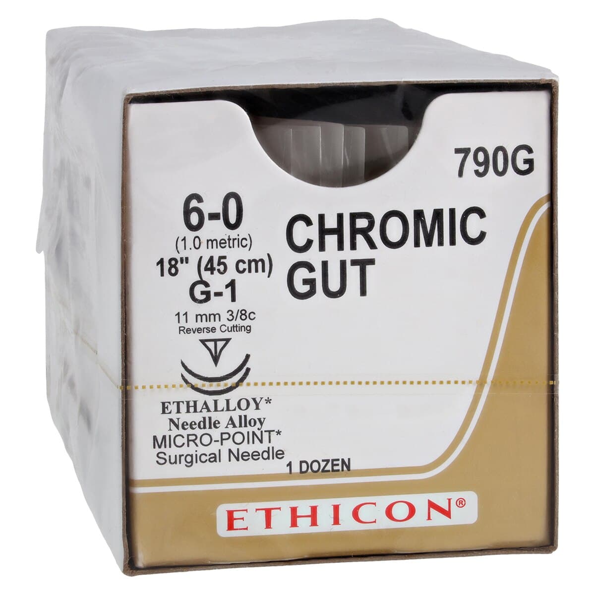 Ethicon Chromic Gut Surgical Suture, 6-0, 18", G-1 Reverse Cutting Needle, 3/8 Circle, 12/Bx, 790G thumbnail 2