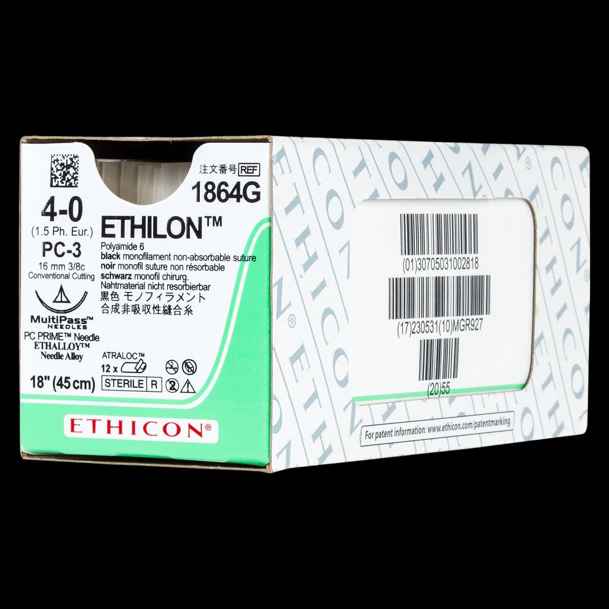 Ethicon Ethilon Nylon Sutures 4-0, 18" Black Monofilament, PC-3 Cutting, 3/8 Circle, 12/Bx, 1864G thumbnail 2