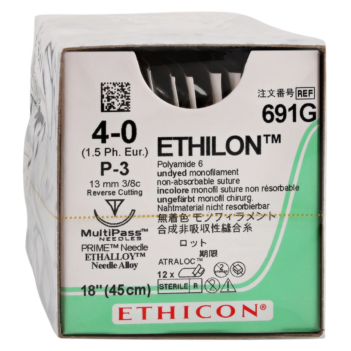 Ethilon Nylon Monofilament Non-Absorbable Suture, 4-0, Clear/Undyed, P-3 Precision Point Reverse Cutting 3/8 Circle Needle, 18", 12/Box - Suture Ethilon Nyl Mono Clr P3 - Image 1