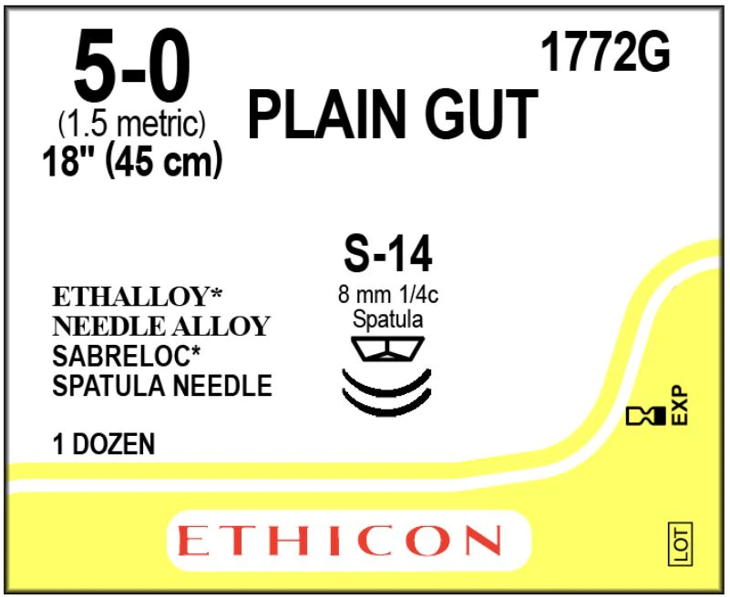 Ethicon Plain Gut Surgical Suture, 5-0, 18", S-14/S-14 Reverse Cutting Spatula Needle, 8mm, 12/Box, 1772G - Suture Surg Gut Mono Bge S14 - Image 1