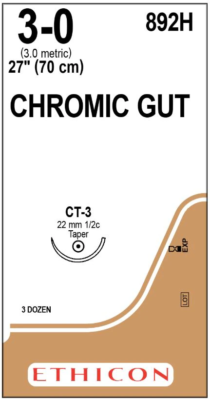 Ethicon Chromic Gut Surgical Suture, 3-0, 27", CT-3 Taper Point 1/2 Circle Needle, Brown, 36/Bx, 892H - ETHICON SURGICAL GUT SUTURE - CHROMIC 892H - Image 1