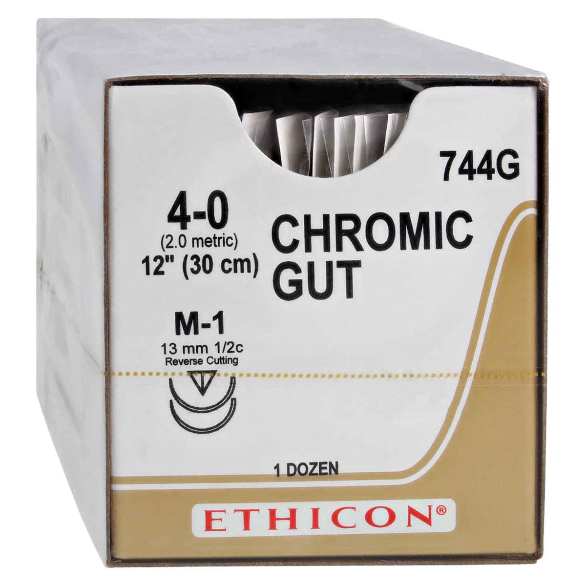 Ethicon Chromic Gut Surgical Suture, 4-0, 12" Reverse Cutting M-1 Needle, 1/2 Circle, 12/Bx, 744G - ETHICON SURGICAL GUT SUTURE - CHROMIC 744G - Image 1
