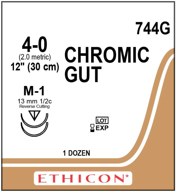 Ethicon Chromic Gut Surgical Suture, 4-0, 12" Reverse Cutting M-1 Needle, 1/2 Circle, 12/Bx, 744G thumbnail 2