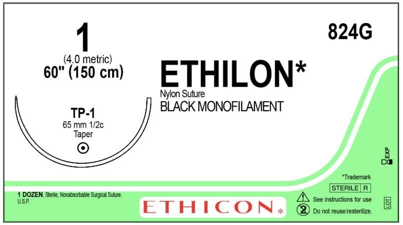 Ethicon Ethilon Nylon Suture, Size 1, 60", Black Monofilament, TP-1 Taper Point 1/2 Circle Needle, 12/Box, 824G - ETHICON ETHILON NYLON SUTURES, 824G - Image 1