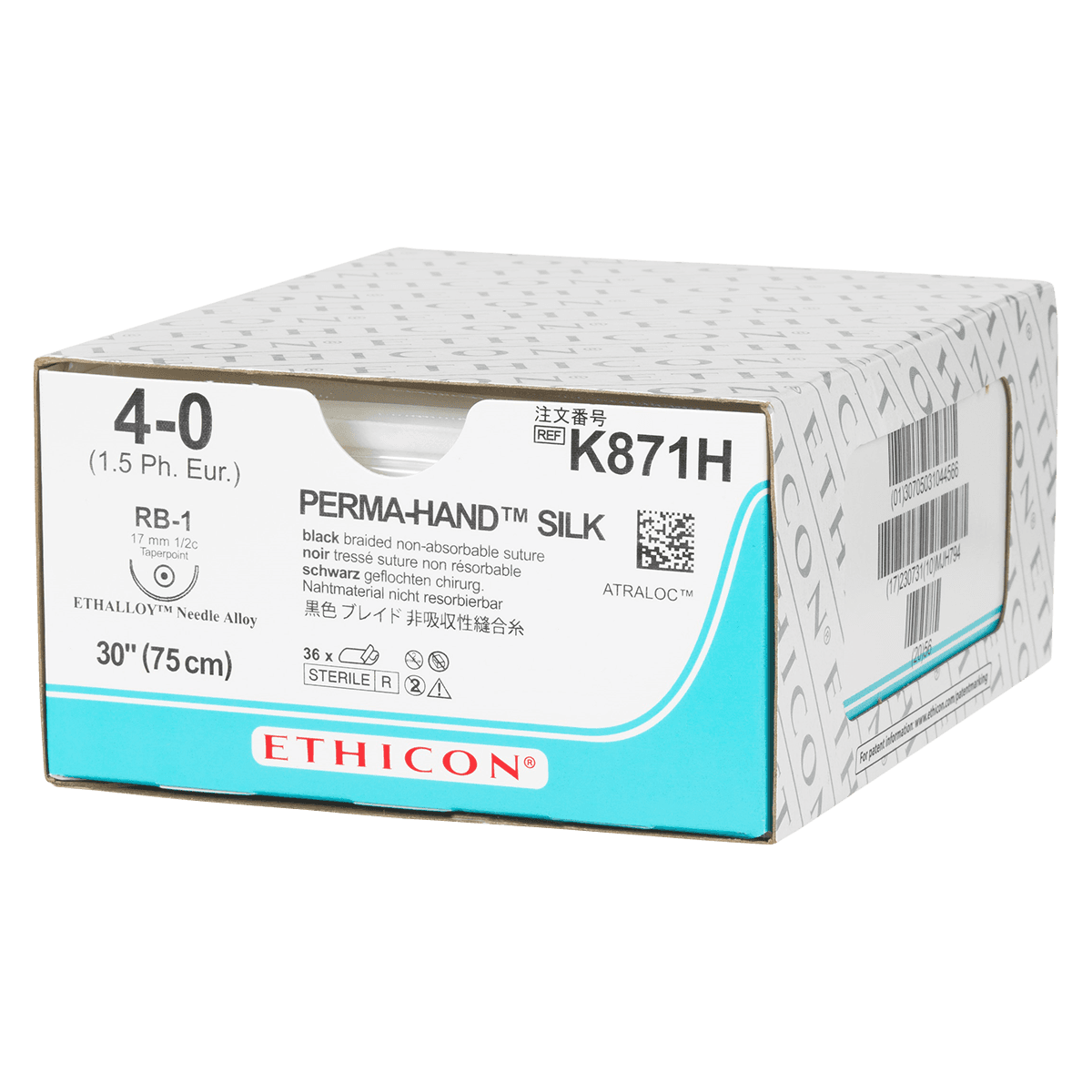 Ethicon Perma-Hand Silk Black Braided Nonabsorbable Suture, Size 4-0, 30", RB-1 Taper Point Needle, 1/2 Circle, 36/Box, K871H thumbnail 2