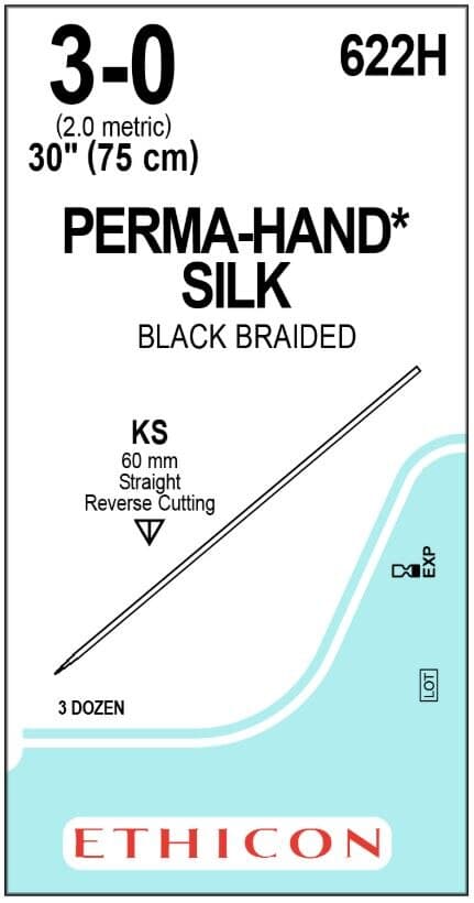 Ethicon Perma-Hand Silk Braided Non-Absorbable Suture, Size 3-0, 30 in, Black, KS Straight Cutting Needle, 36/Box thumbnail 2
