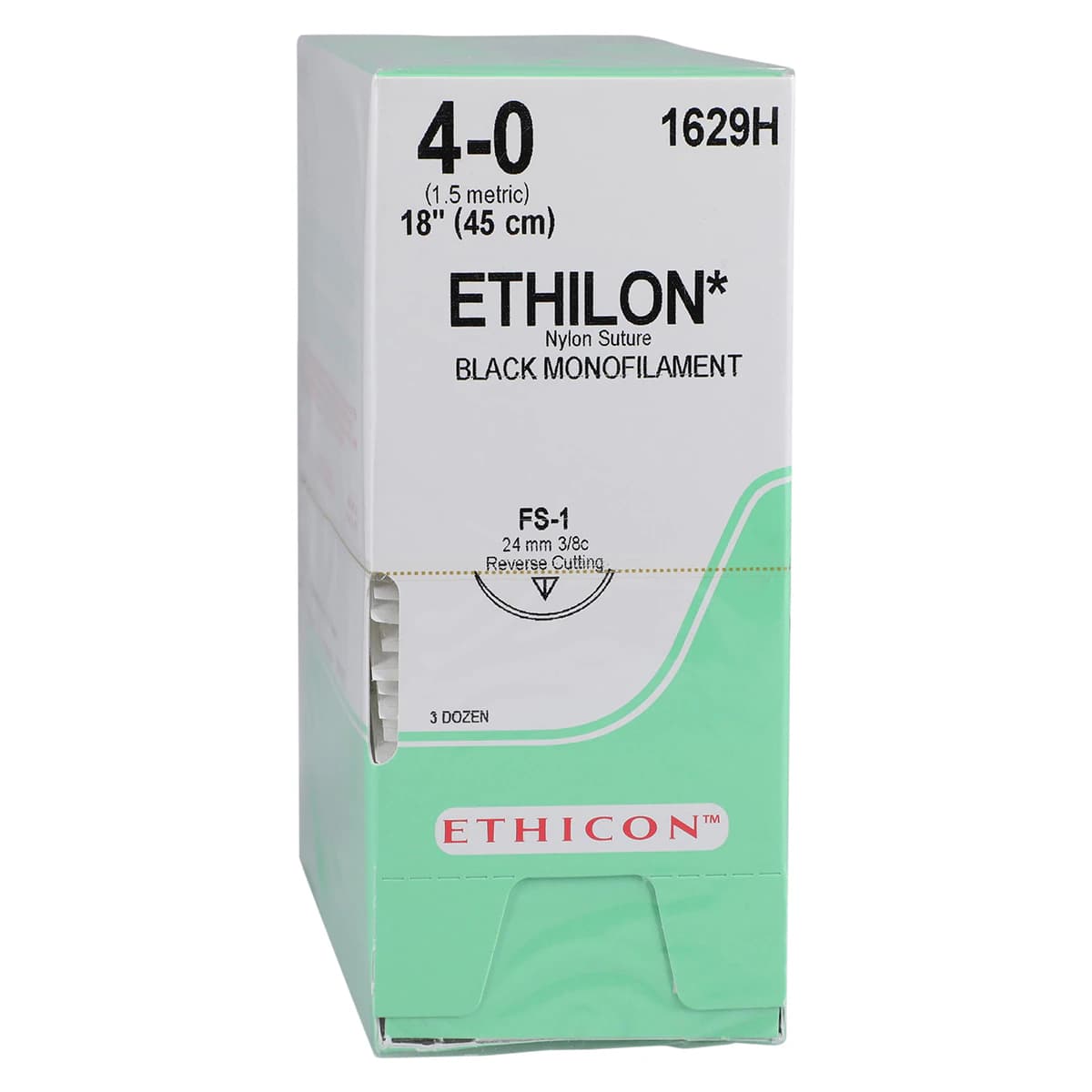 Ethicon Ethilon Nylon Suture, 4-0, 18", Black Monofilament, FS-1 Reverse Cutting Needle, 3/8 Circle, 36/Box, 1629H thumbnail 2