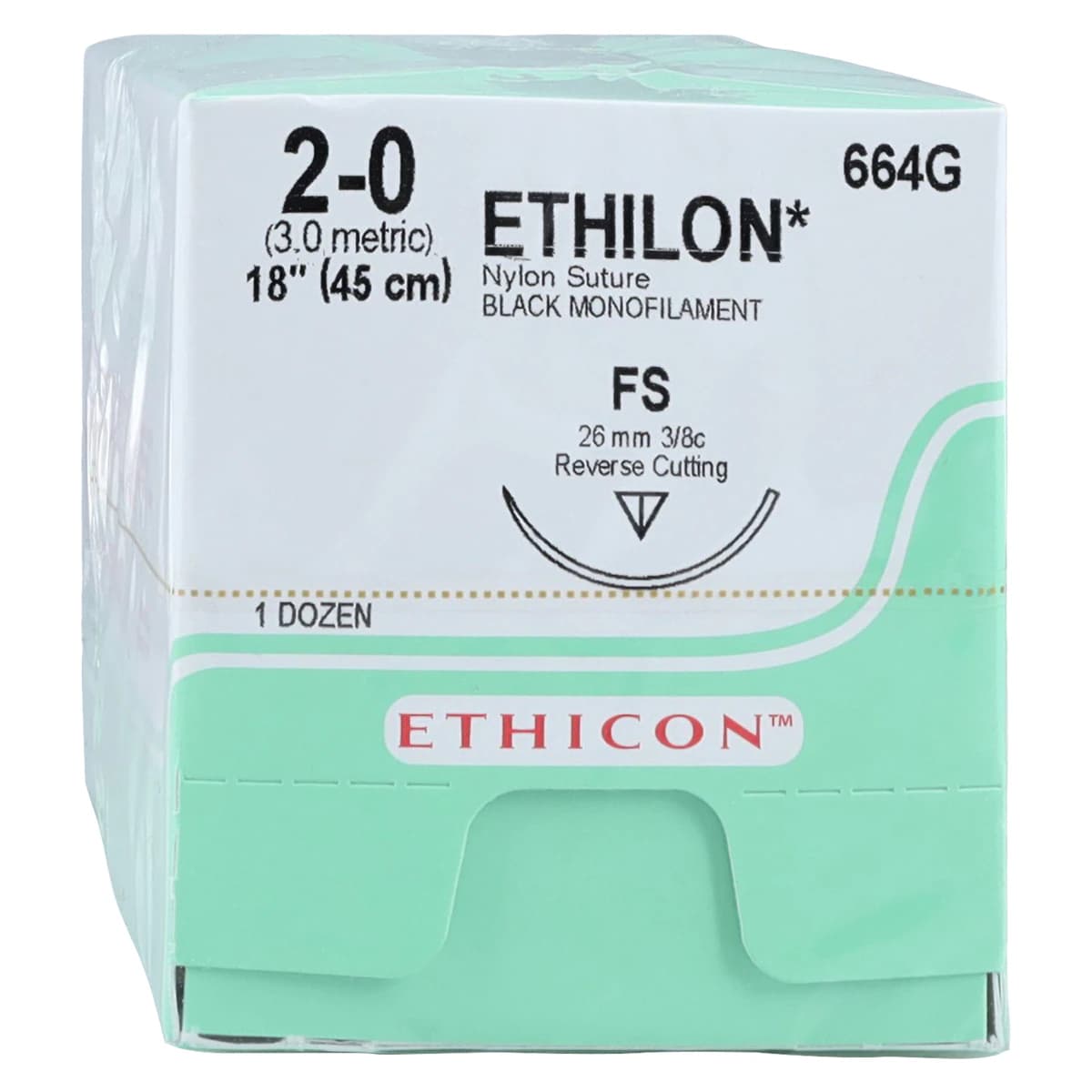 Ethilon® Nylon Monofilament Nonabsorbable Suture, 2-0, Black, FS Reverse Cutting 3/8 Circle Needle, 18", 12/Box, 664G - Ethilon® Sutures 2-0 Nylon Monofilament FS 3/8 Circle Black 18 Inch Pkg/12 - Image 1