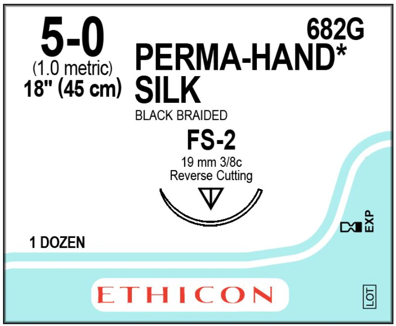 Ethicon Perma-Hand Braided Silk Non-Absorbable Suture, 5-0, 18", FS-2 Reverse Cutting Needle, 3/8 Circle, Black, 12/Box, 682G - 5-0 Braided Silk Sutures with FS-2 Needle, Black, 12/Pk, 682G - Image 1