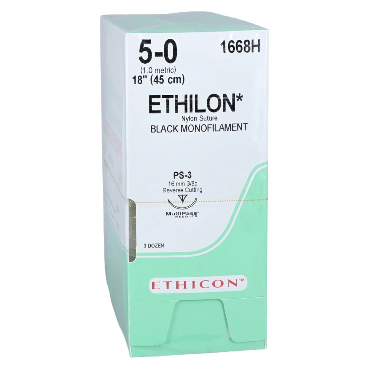 ETHILON Nylon Monofilament Nonabsorbable Suture, Size 5-0, Black, 18", PS-3 Precision Point Reverse Cutting Needle, 3/8 Circle, 36/Box thumbnail 2