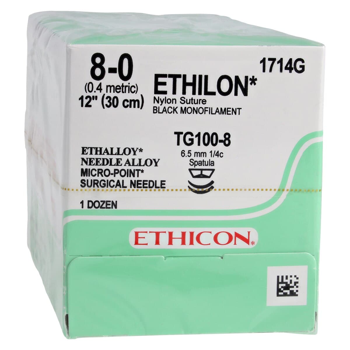 Ethicon Ethilon Nylon Suture, 8-0, Black Monofilament, TG100-8 Micropoint Spatula Needle, 12" (30 cm), 12/Box, 1714G thumbnail 2
