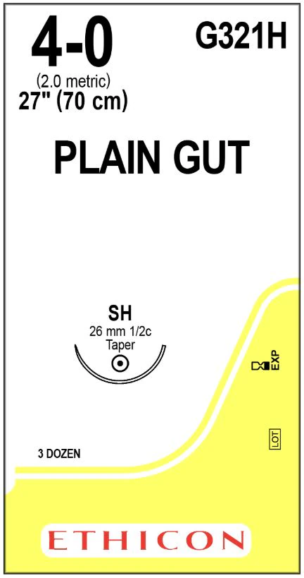 Ethicon Plain Gut Surgical Suture, 4-0, 27", SH Taper Point 1/2 Circle Needle 26mm, Undyed/Yellowish Tan, 36/Box - Suture Plain Gut 4-0 - Image 1