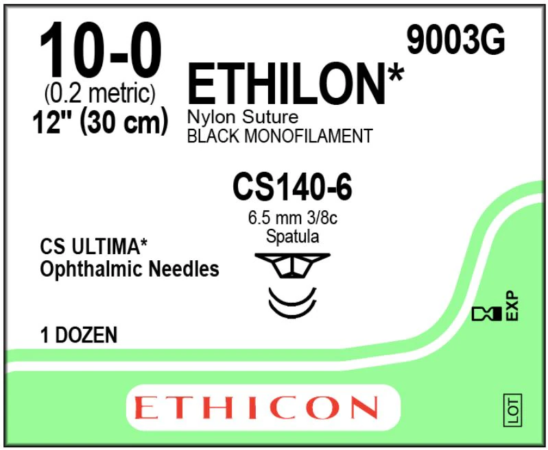 Ethicon Ethilon Nylon Suture, 10-0, Black Monofilament, CS140-6 Ultima Spatula Needle, 3/8 Circle, 12" Length, 12/Box, 9003G thumbnail 2