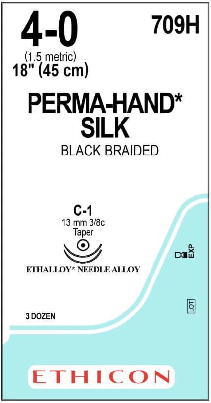 Ethicon Perma-Hand Silk Suture, 4-0, 18", Black, Braided, Non-Absorbable, C-1 Taper Point 3/8 Circle Needle 13mm, 36/Box - Suture Silk Black C-1 - Image 1