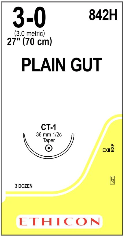 Ethicon Plain Gut Surgical Suture, 3-0, 27", CT-1 Taper Point 1/2 Circle Needle, 36mm, Uncoated, Yellowish Tan, 36/Box, 842H - Suture Surg Gut Mono Bge CT1 - Image 1