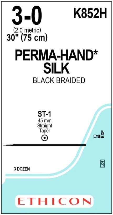 Ethicon Perma-Hand Silk Non-Absorbable Suture, Size 3-0, 30 in, Black Braided, ST-1 Straight Taper Point Needle, 3 Dozen/Box - Sutures Ethicon Perma-Hand Silk Straight Taper Point Size 3-0 30 Inch Black Braided Needle St-1 Straight 3 Dz/Bx - Image 1