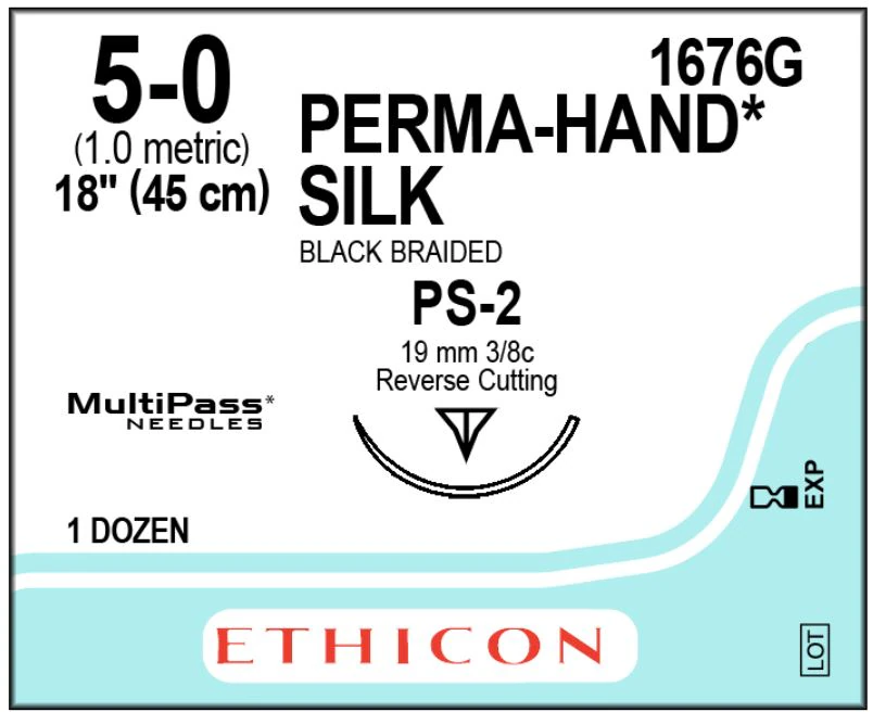 Ethicon Perma-Hand Silk Black Braided Nonabsorbable Suture, 5-0, 18", PS-2 Reverse Cutting Needle, 3/8 Circle, 12/Box - Perma Hand™ Silk Black Braided Sutures  – Nonabsorbable, Reverse Cutting, 18" - PS-2, 3/8 Circle, 5-0, 12/Pkg - Image 1