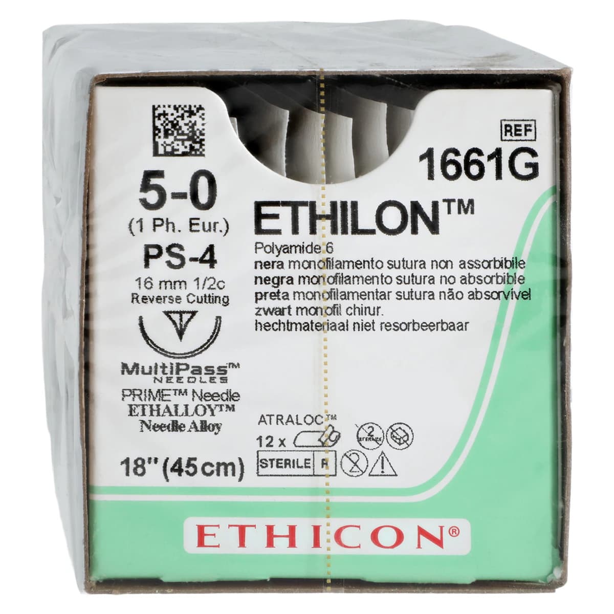 Ethilon Nylon Monofilament Non-Absorbable Suture, 5-0, 18", Black, PS-4 Prime Reverse Cutting 1/2 Circle Needle, 12/Box thumbnail 2
