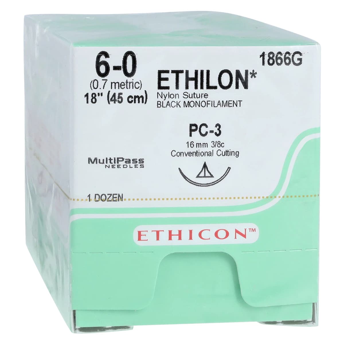 ETHICON Ethilon Nylon Suture, 6-0, 18", Black, Monofilament, Non-Absorbable, PC-3 Cutting Needle, 3/8 Circle, 16mm, 12/Bx, 1866G thumbnail 2