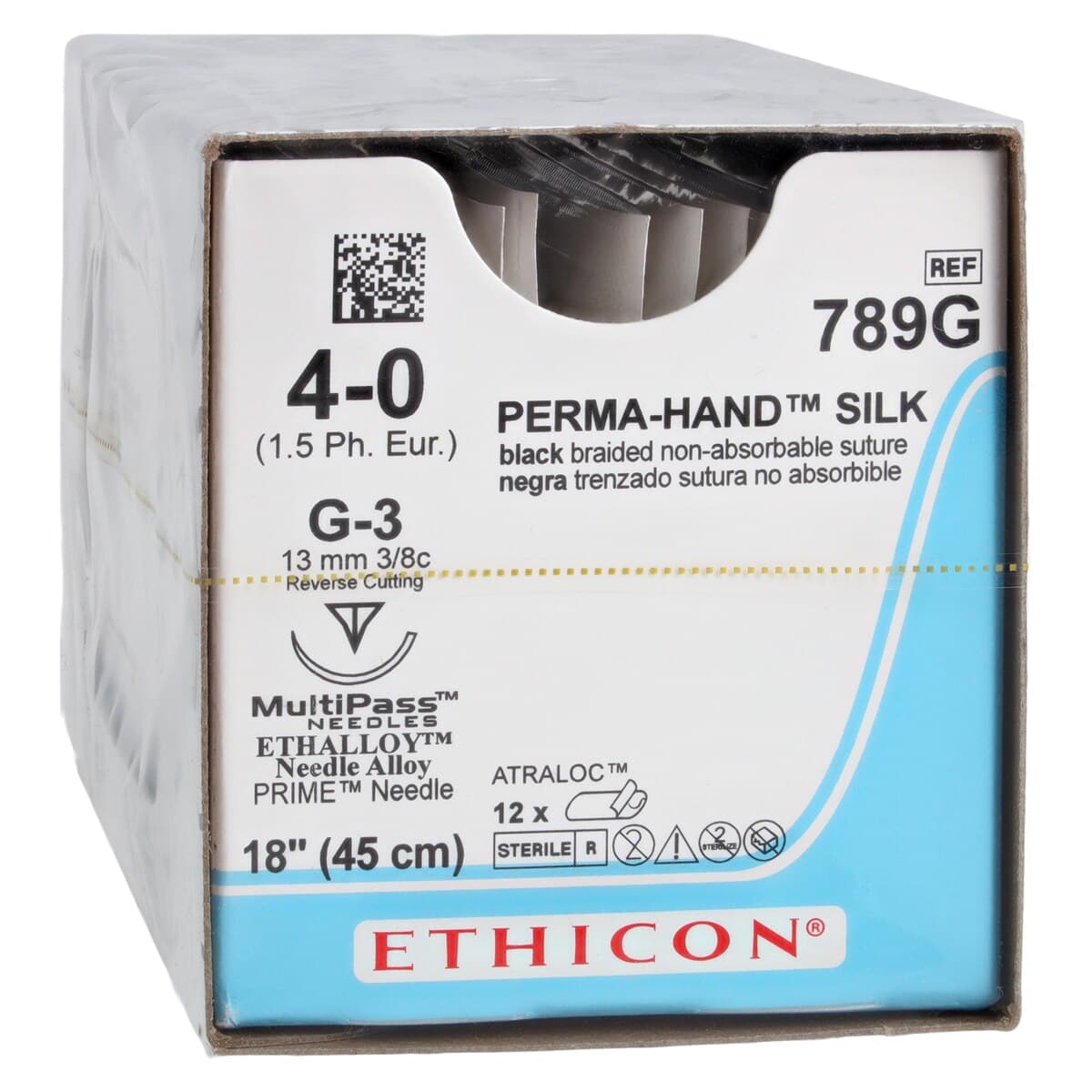 Ethicon Perma-Hand Silk Braided Non-Absorbable Suture, Size 4-0, 18", G-3 Reverse Cutting Needle, 3/8 Circle, Black, 12/Box, 789G thumbnail 2