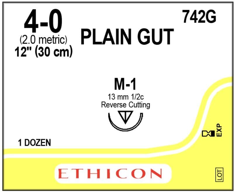 Ethicon Surgical Gut Suture, Plain, Monofilament, 4-0, 12" Length, M-1 1/2 Circle Reverse Cutting Needle, 13mm, Uncoated, Yellowish Tan, 12/Box, 742G - Suture Surg Gut Mono Bge M1 - Image 1