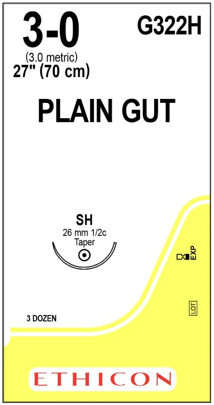 Plain Gut Monofilament Suture, 3-0, 27", SH Taper Point 1/2 Circle Needle 26mm, Uncoated, Yellowish Tan, 36/Box thumbnail 2