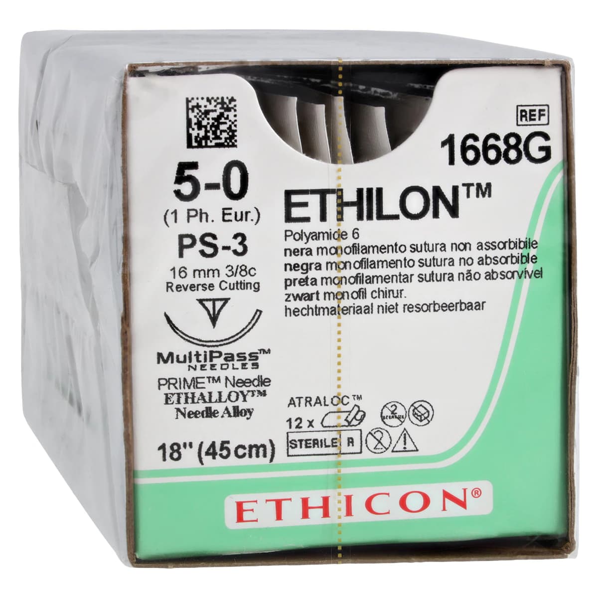 Ethicon Ethilon Nylon Monofilament Non-Absorbable Suture, 5-0, 18", PS-3 Reverse Cutting 3/8 Circle Needle, Black, 12/Box, 1668G thumbnail 2