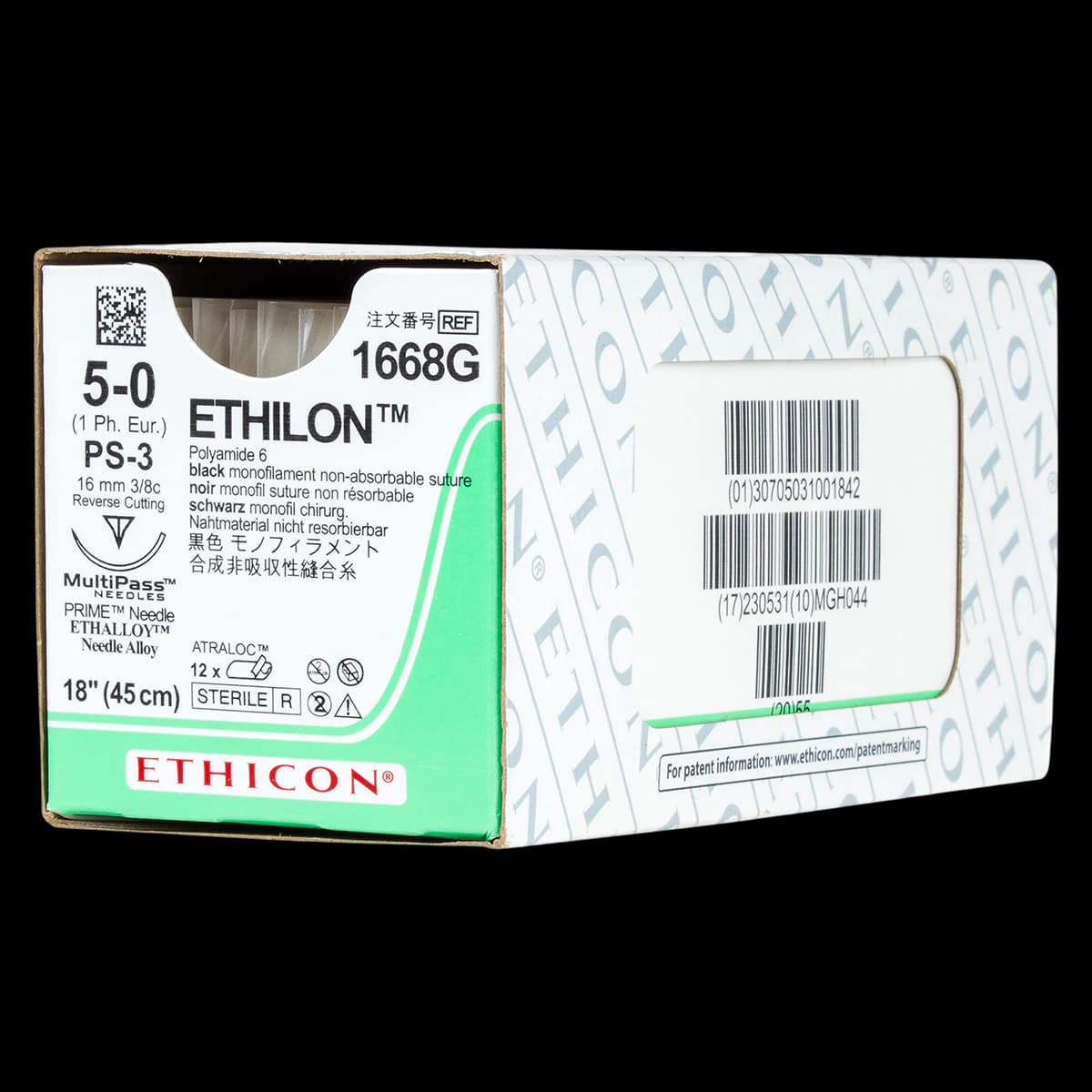 Ethicon Ethilon Nylon Monofilament Non-Absorbable Suture, 5-0, 18", PS-3 Reverse Cutting 3/8 Circle Needle, Black, 12/Box, 1668G - Suture Eth Nyl Mono Blk PS3 - Image 1
