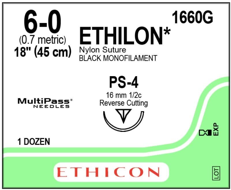 Ethicon Ethilon Nylon Monofilament Suture, Size 6-0, 18", PS-4 Prime Reverse Cutting Needle, 1/2 Circle, Black, 12/Box, 1660G thumbnail 2