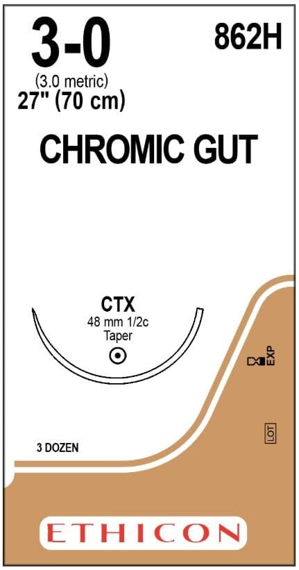 Ethicon Chromic Gut Surgical Suture, 3-0, 27", CTX Taper Point 1/2 Circle Needle, 36/Bx, 862H - ETHICON SURGICAL GUT SUTURE - CHROMIC 862H - Image 1