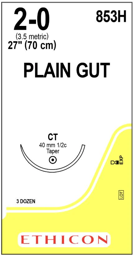 Ethicon Plain Gut Surgical Suture, 2-0, 27", CT-2 Blunt Taper Point 1/2 Circle Needle 26mm, Uncoated, Yellowish Tan, 36/Box, 853H - Suture Surg Gut Mono Bge Ct - Image 1