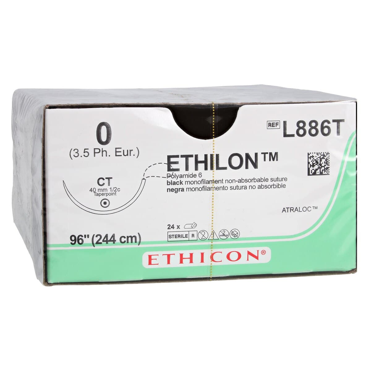 Ethicon Ethilon Nylon Monofilament Suture, Size 0, Black, 48" Loop, CT Taper Point Needle, 1/2 Circle, 24/Box, L886T thumbnail 2