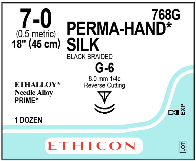 Ethicon Perma-Hand Silk Braided Non-Absorbable Suture, Size 7-0, 18", Black, G-6 Reverse Cutting Needle, 12/Box - Suture Silk Black G-6 - Image 1