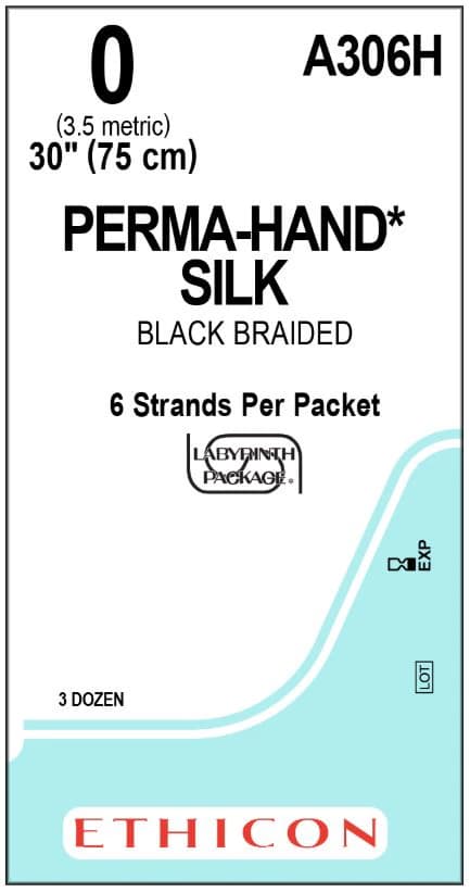 Ethicon PERMA-HAND Braided Silk Suture, Size 0, 6-30", Black, Non-Absorbable, Sutupak Pre-Cut, 36/Box, A306H - ETHICON PERMA-HAND SILK SUTURES, A306H - Image 1