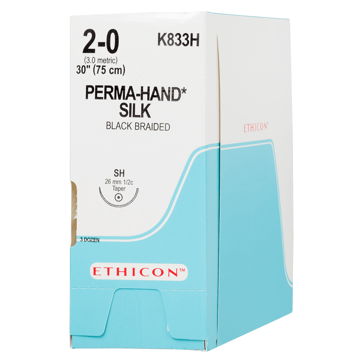 Perma-Hand Silk Braided Non-Absorbable Suture, Size 2-0, 30", Black, SH Taper Point 1/2 Circle Needle 26mm, 36/Box thumbnail 2