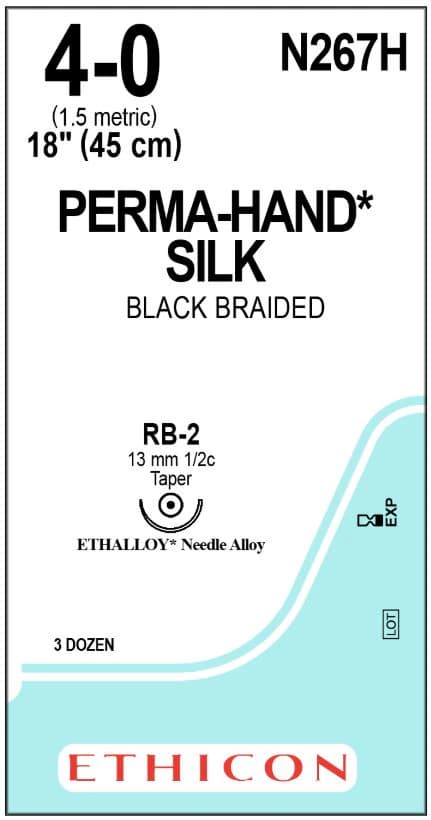 Perma-Hand Silk Braided Suture, 4-0, 18", TF Taper Point 1/2 Circle Needle 13mm, Black, 36/Box, N267H - Suture Silk TF RB-2 - Image 1