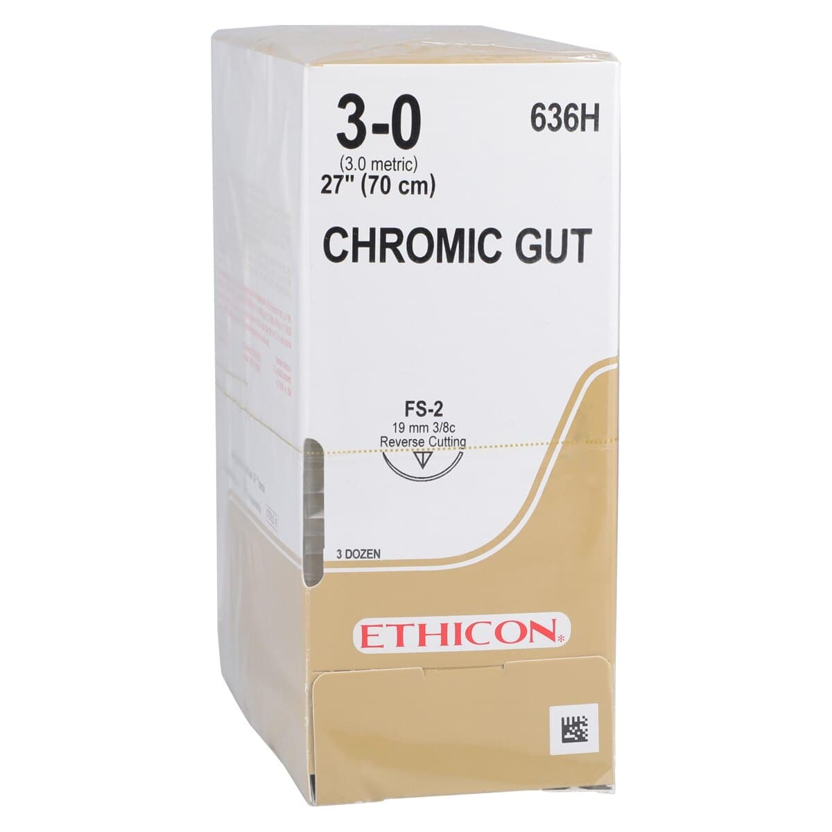 Ethicon Chromic Gut Absorbable Suture, 3-0, 27" (70cm), FS-2 Reverse Cutting 3/8 Circle 19mm Needle, Brown, 36/Bx, 636H thumbnail 2