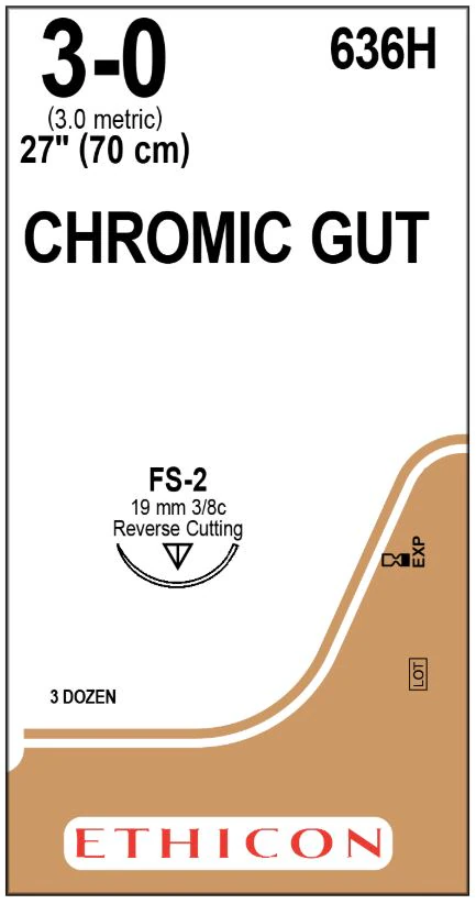 Ethicon Chromic Gut Absorbable Suture, 3-0, 27" (70cm), FS-2 Reverse Cutting 3/8 Circle 19mm Needle, Brown, 36/Bx, 636H - 3-0 Chromic Gut Sutures with FS-2 Needle, 27", 36/Pk, 636H - Image 1